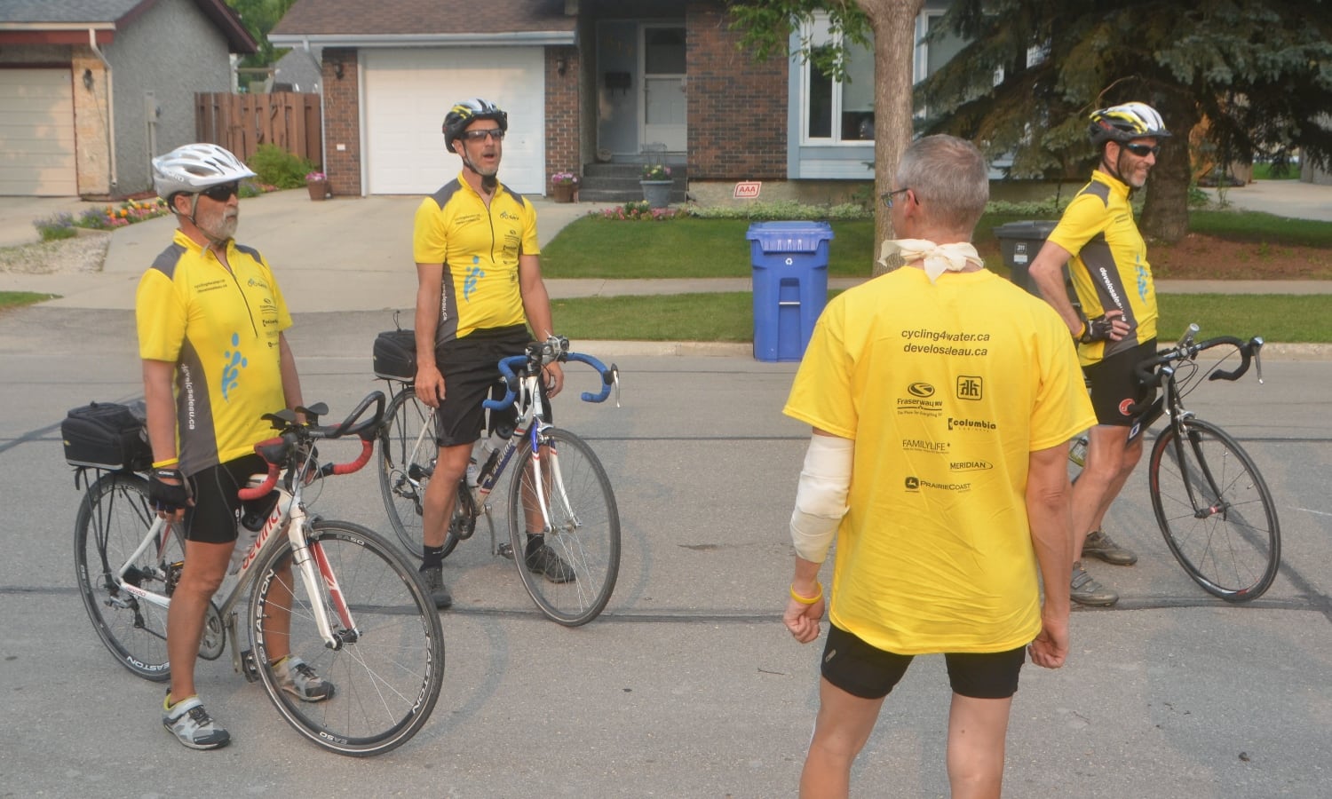 Accident Day - Aug 17, 2014 Rob welcoming the cyclists at the end of the day .